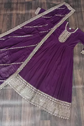 Purple georgette readymade anarkali suit with embroidery & sequence work