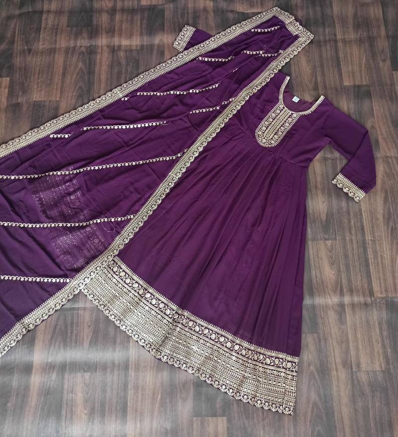Purple georgette readymade anarkali suit with embroidery & sequence work