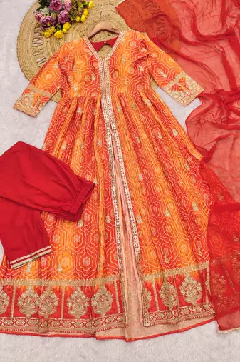 Orange chinon anarkali readymade suit with embroidery & coding work