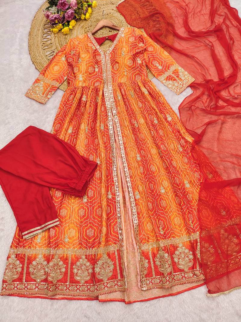 Orange chinon anarkali readymade suit with embroidery & coding work