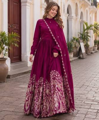 Purple silk anarkali suit with embroidery & sequin work 1