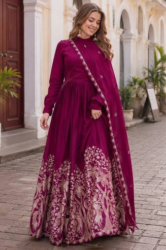 Purple silk anarkali suit with embroidery & sequin work