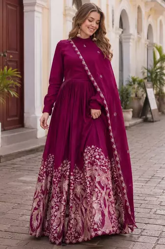 Purple silk readymade anarkali suit with embroidery & sequence work