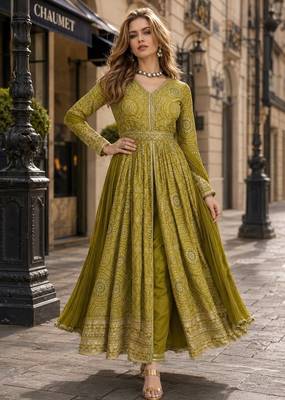 Mehendi chinon anarkali readymade suit with embroidery & coding work 1