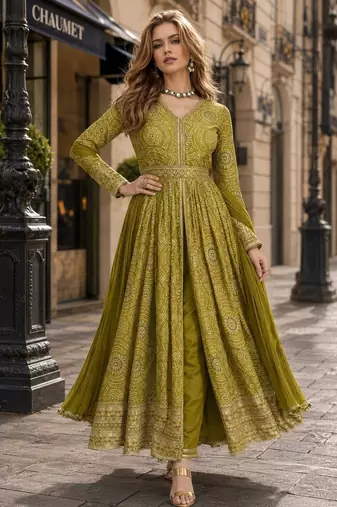 Mehendi chinon anarkali readymade suit with embroidery & coding work