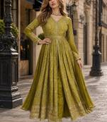 Mehendi chinon anarkali readymade suit with embroidery & coding work