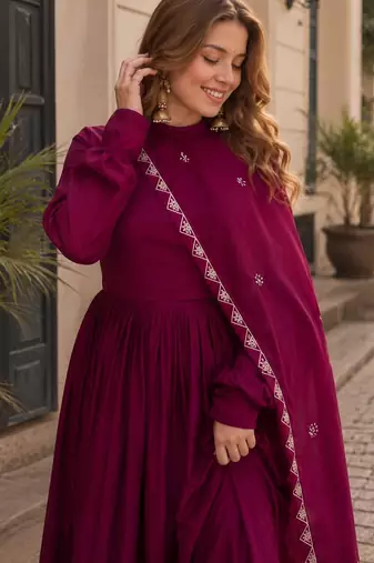 Purple silk readymade anarkali suit with embroidery & sequence work