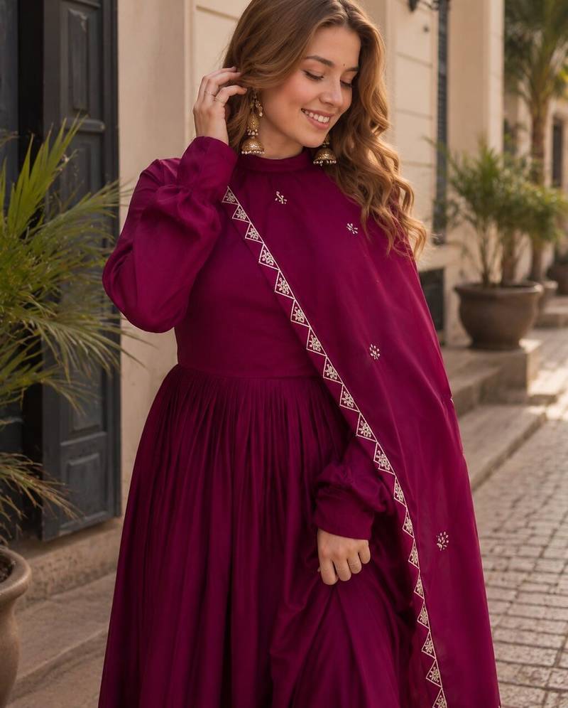 Purple silk readymade anarkali suit with embroidery & sequence work