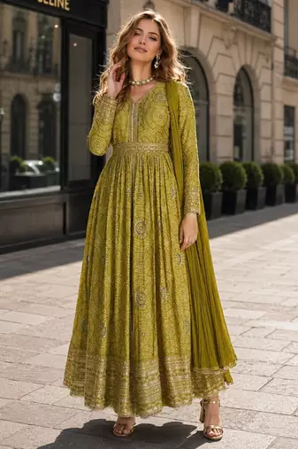 Mehendi chinon anarkali readymade suit with embroidery & coding work