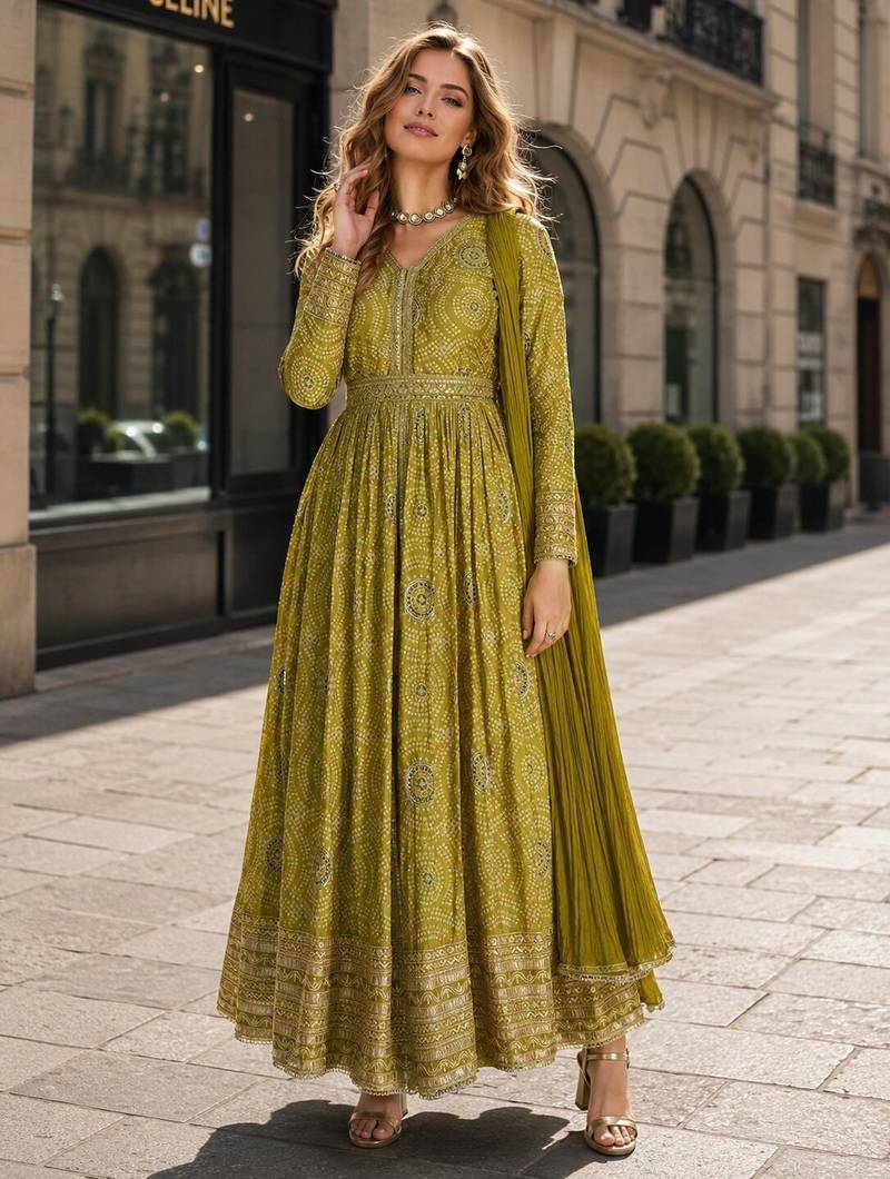 Mehendi chinon anarkali readymade suit with embroidery & coding work