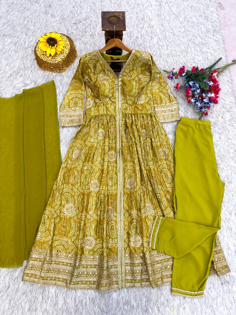Mehendi chinon anarkali readymade suit with embroidery & coding work