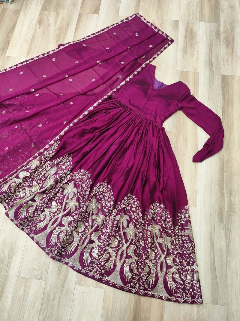 Purple silk readymade anarkali suit with embroidery & sequence work