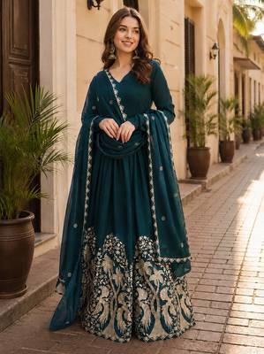 Emerald silk readymade anarkali suit with embroidery & sequin work 1