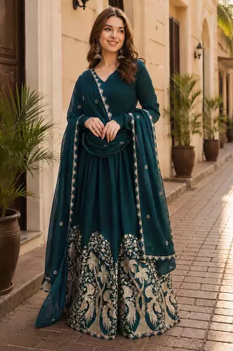 Emerald silk readymade anarkali suit with embroidery & sequence work
