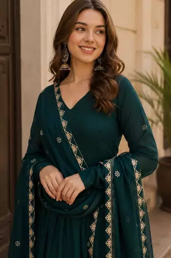 Emerald silk readymade anarkali suit with embroidery & sequence work
