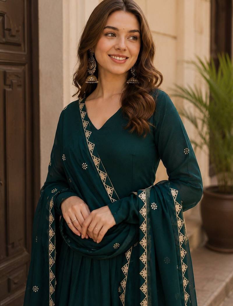 Emerald silk readymade anarkali suit with embroidery & sequence work
