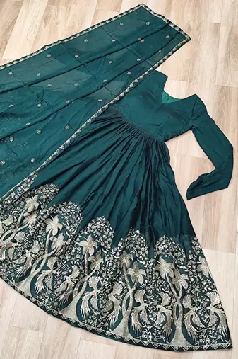 Emerald silk readymade anarkali suit with embroidery & sequence work