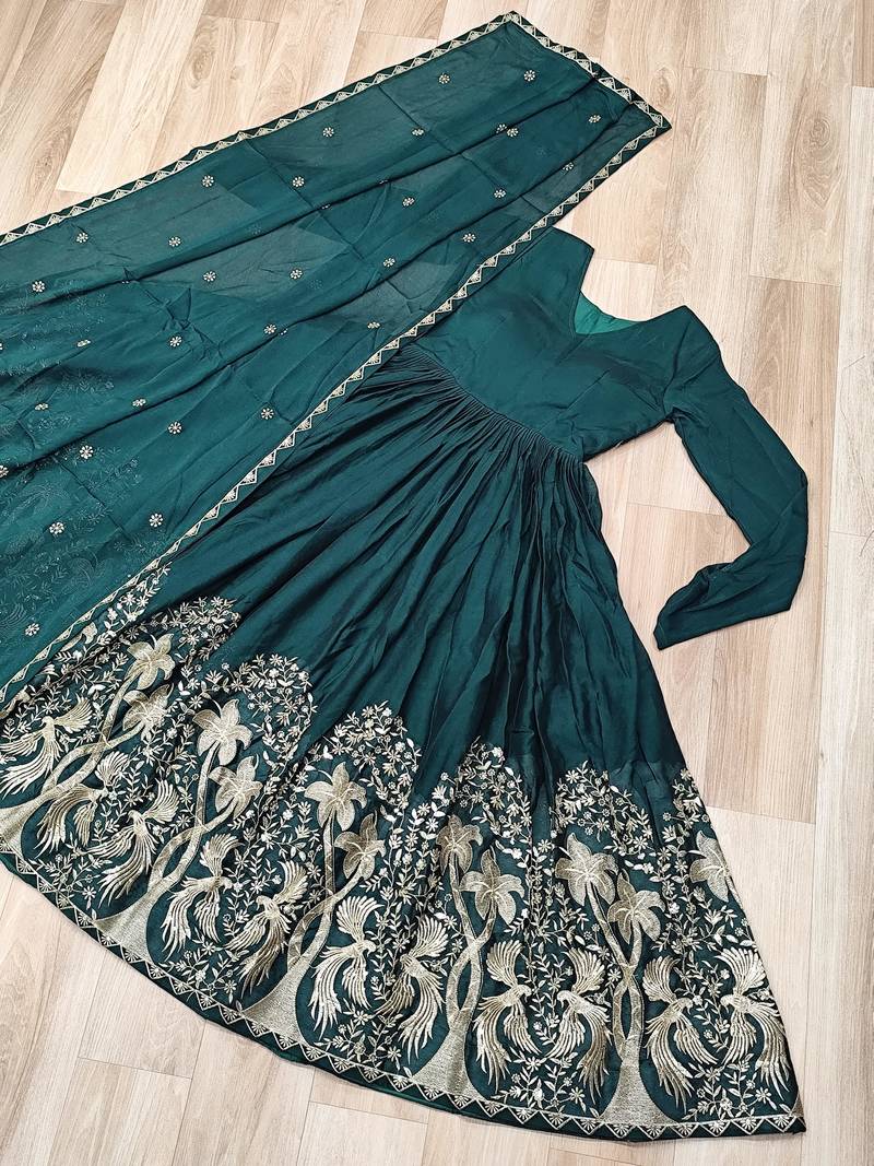 Emerald silk readymade anarkali suit with embroidery & sequence work