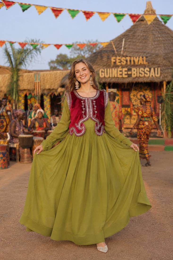 Mehendi chanderi readymade gown with embroidery & beats work