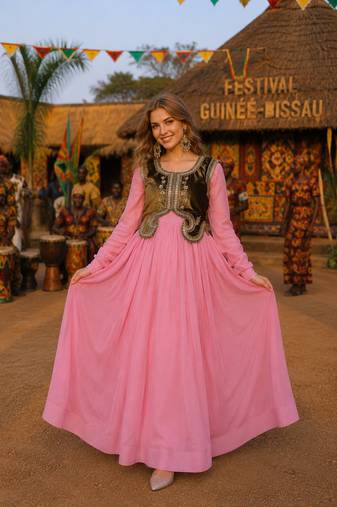 Pink chanderi readymade gown with embroidery & beats work