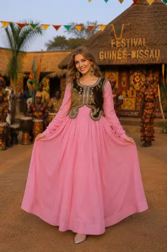 Pink chanderi readymade gown with embroidery & beats work