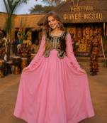 Pink chanderi readymade gown with embroidery & beats work