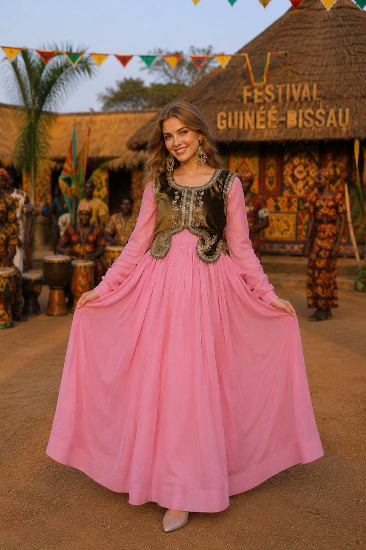 Pink chanderi readymade gown with embroidery & beats work