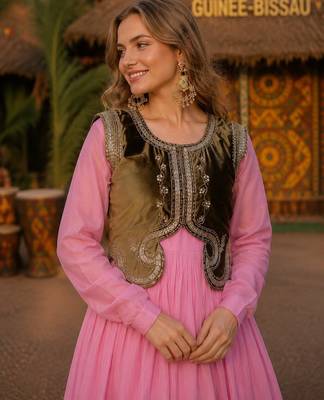 Pink chanderi readymade gown with embroidery & beats work 2
