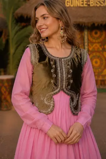 Pink chanderi readymade gown with embroidery & beats work