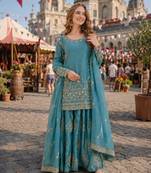 Blue silk readymade suit with zari & sequence embroidery work