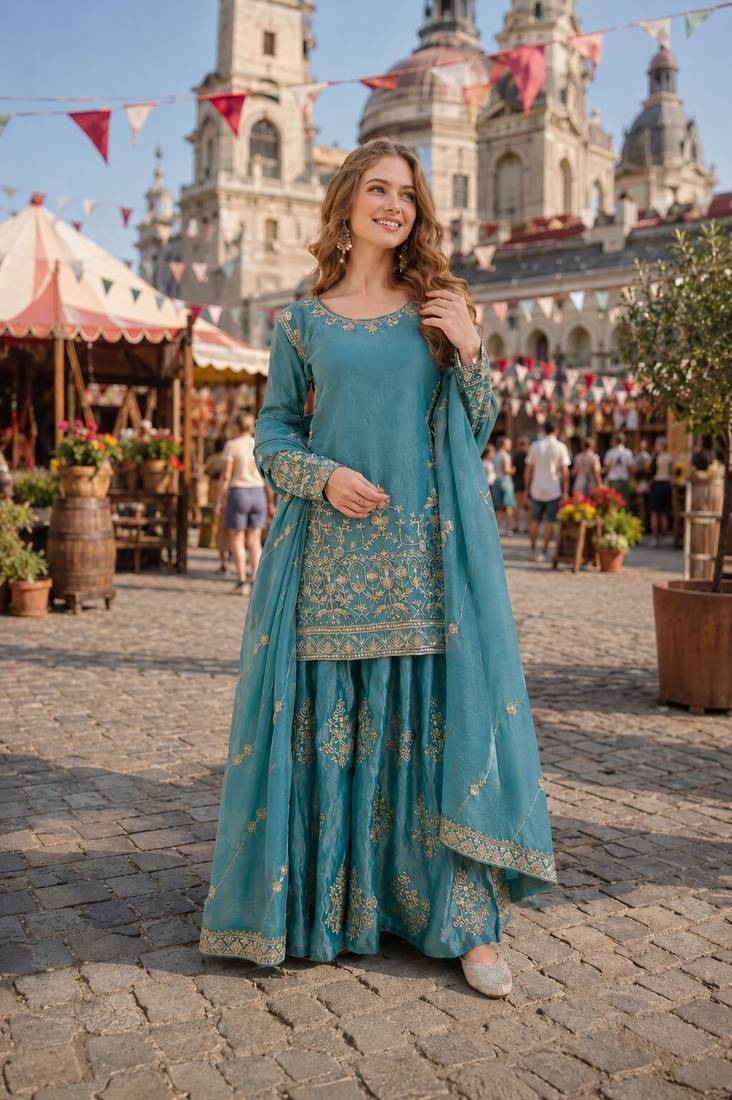 Blue silk readymade suit with zari & sequence embroidery work