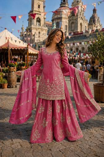 Pink silk readymade suit with zari & sequin embroidery work