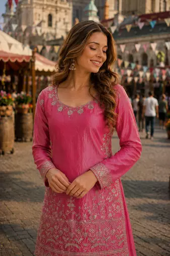 Pink silk readymade suit with zari & sequin embroidery work