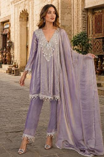 Purple silk suit with real mirror & embroidery work