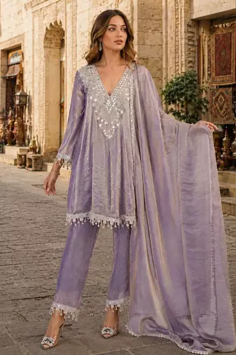 Purple silk suit with real mirror & embroidery work