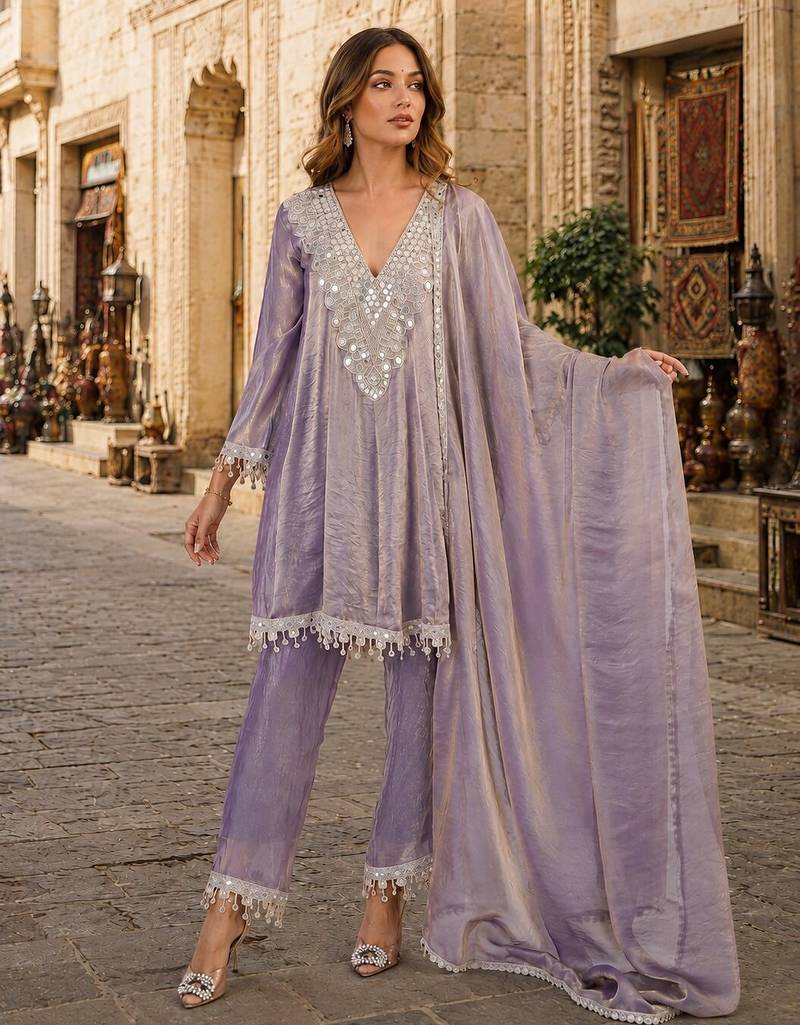 Purple silk readymade suit with real mirror & embroidery work