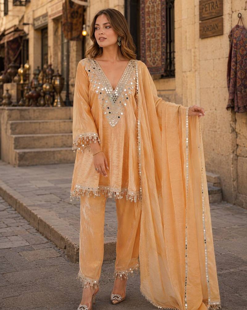 Yellow silk readymade suit with real mirror & embroidery work