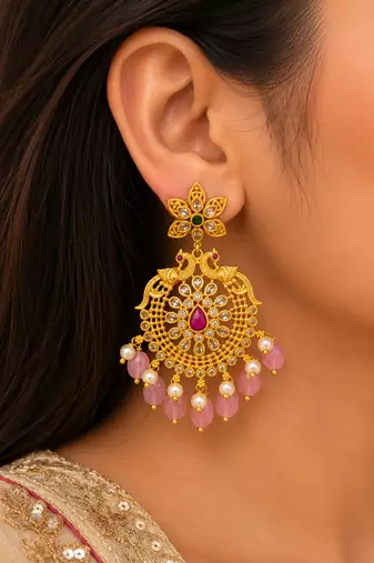 Traditional gold plated pink beads & pearl drop ethnic chandbali earrings for women jewellery for wedding & festive wear