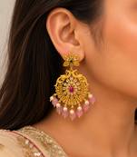 Traditional gold plated pink beads & pearl drop ethnic chandbali earrings for women jewellery for wedding & festive wear