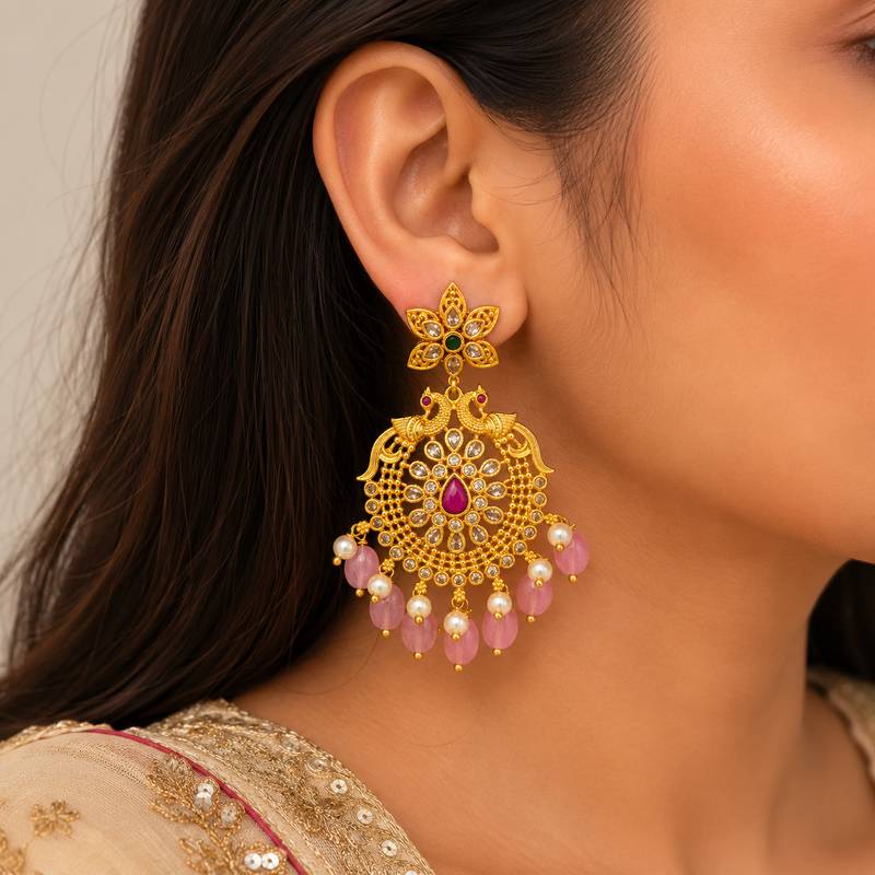 Traditional gold plated pink beads & pearl drop ethnic chandbali earrings for women jewellery for wedding & festive wear