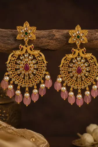 Traditional gold plated pink beads & pearl drop ethnic chandbali earrings for women jewellery for wedding & festive wear