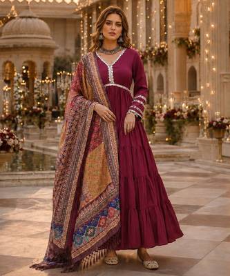 Maroon roamn silk free size stitched anarkali suit with mirror lace work 1