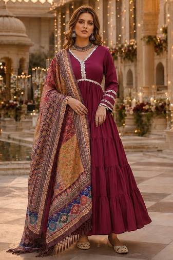 Maroon roamn silk free size stitched anarkali suit with mirror lace work