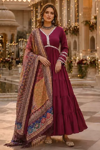 Maroon roamn silk free size stitched anarkali suit with mirror lace work