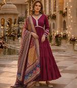 Maroon roamn silk free size stitched anarkali suit with mirror lace work