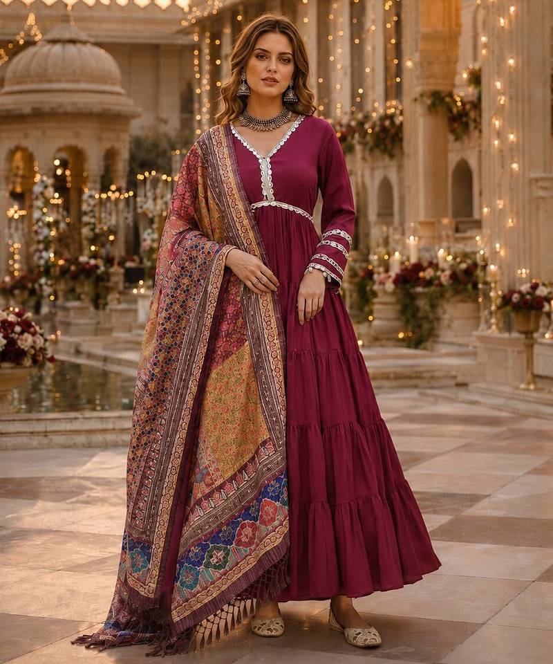 Maroon roamn silk free size stitched anarkali suit with mirror lace work