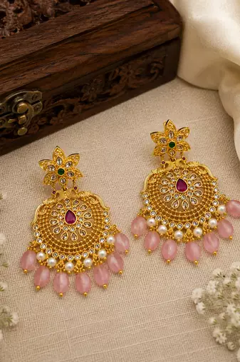 Traditional gold plated pink beads & pearl drop ethnic chandbali earrings for women jewellery for wedding & festive wear