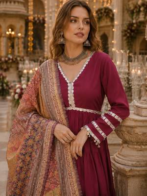 Maroon roamn silk free size stitched anarkali suit with mirror lace work 2