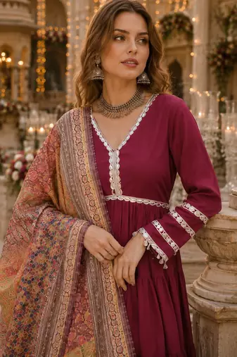 Maroon roamn silk free size stitched anarkali suit with mirror lace work