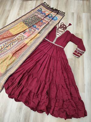 Maroon roamn silk free size stitched anarkali suit with mirror lace work 3